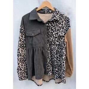 Azura Exchange Women's Leopard Color Block Cordory Shacket Shirt Jacket‎ Sz L